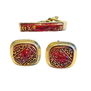 Vintage Mid Century Mens Jewelry Set Goldtone & Red Cufflinks & Tie Bar Clip